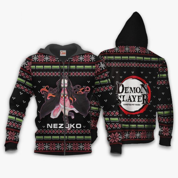 1023 AOP Demon Slayer Nezuko Ugly Sweater VA 1 Zip hoodie font and back n - Demon Slayer Merch | Demon Slayer Stuff