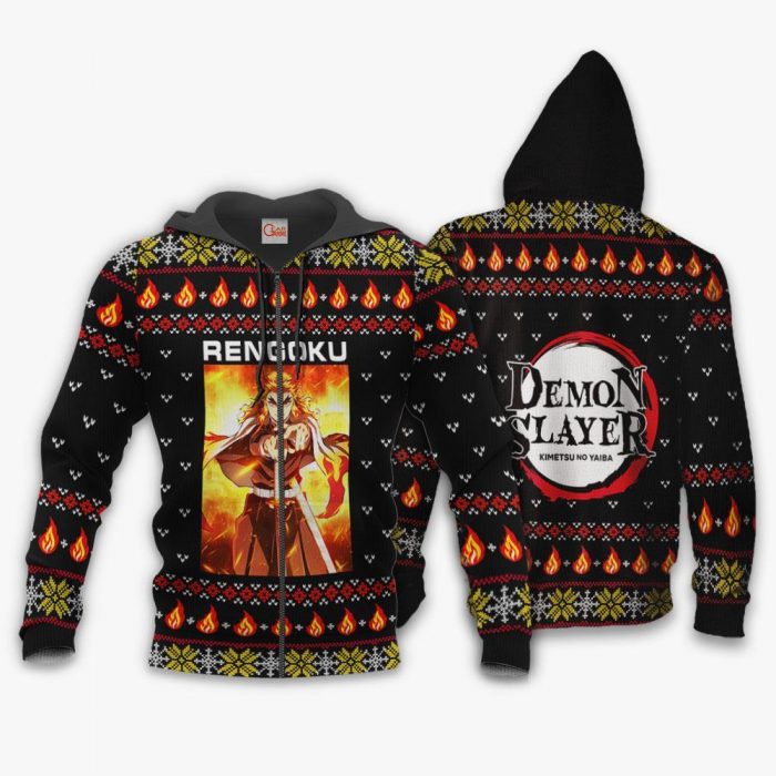 1026 AOP Ugly Christmas Sweater Demon Slayer Kyojuro Rengoku VA 1 Zip hoodie font and back n - Demon Slayer Merch | Demon Slayer Stuff