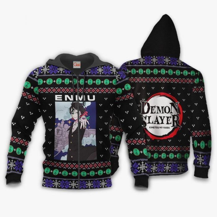 1026 AOP Ugly Christmas Sweater Enmu Demon Slayer VA 1 Zip hoodie font and back n - Demon Slayer Merch | Demon Slayer Stuff
