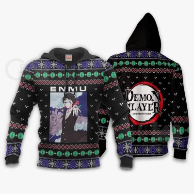 1026 AOP Ugly Christmas Sweater Enmu Demon Slayer VA 2 hoodie font and back - Demon Slayer Merch | Demon Slayer Stuff